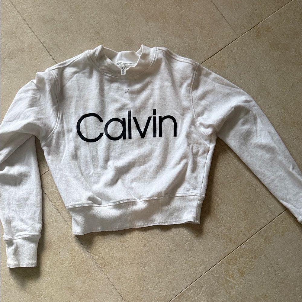 Calvin Klein White Sweatshirt with Black Logo WORN ONCE Long Sleeve Size XS